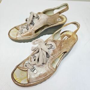 Fly London Sz36 Ylva Peep Toe Sandles. Rose Gold Distressed Metalic Laceup wedge